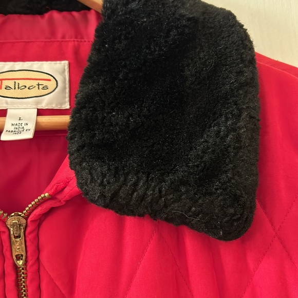Talbots red jacket with black faux fur on collarr and cuff. - Picture 3 of 7